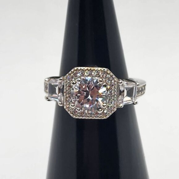 Sterling Silver Round Cubic Zirconia Halo Art Deco Ring (5) - Picture 6 of 11